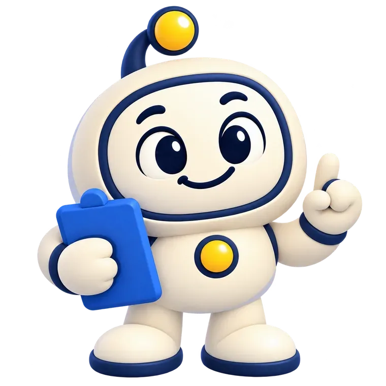 Judd, a friendly round robot holding a clipboard and raising one finger