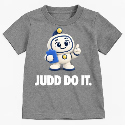 Gray T-shirt with Judd the robot holding a clipboard above the words Judd do it.